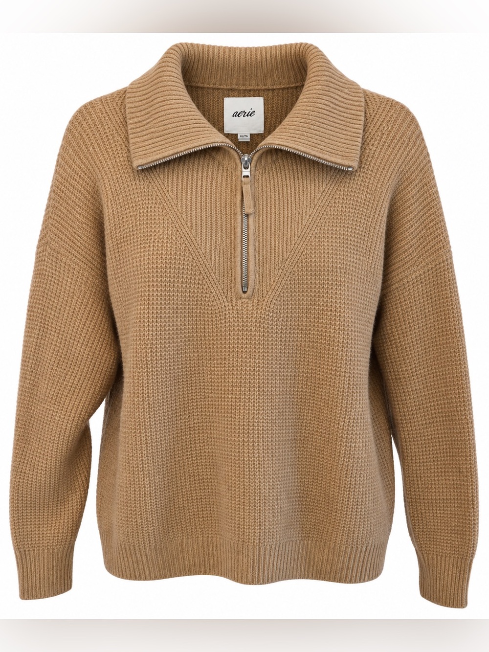Aerie Oversized Small Brown / Tan Knit Sweater Pullover Quarter Zip Stretchy